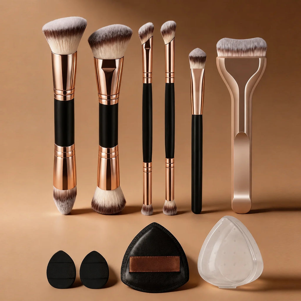 LUXEBLEND 9-Piece Makeup Brush Set – 6 Brushes & 3 Puffs Makeup Brush Set QXL Golden