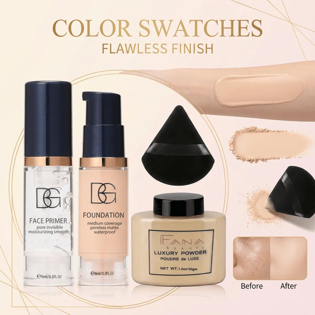 4-Pc Face Makeup Set | Primer, Foundation, Powder & Puff Face Makeup Set QXL