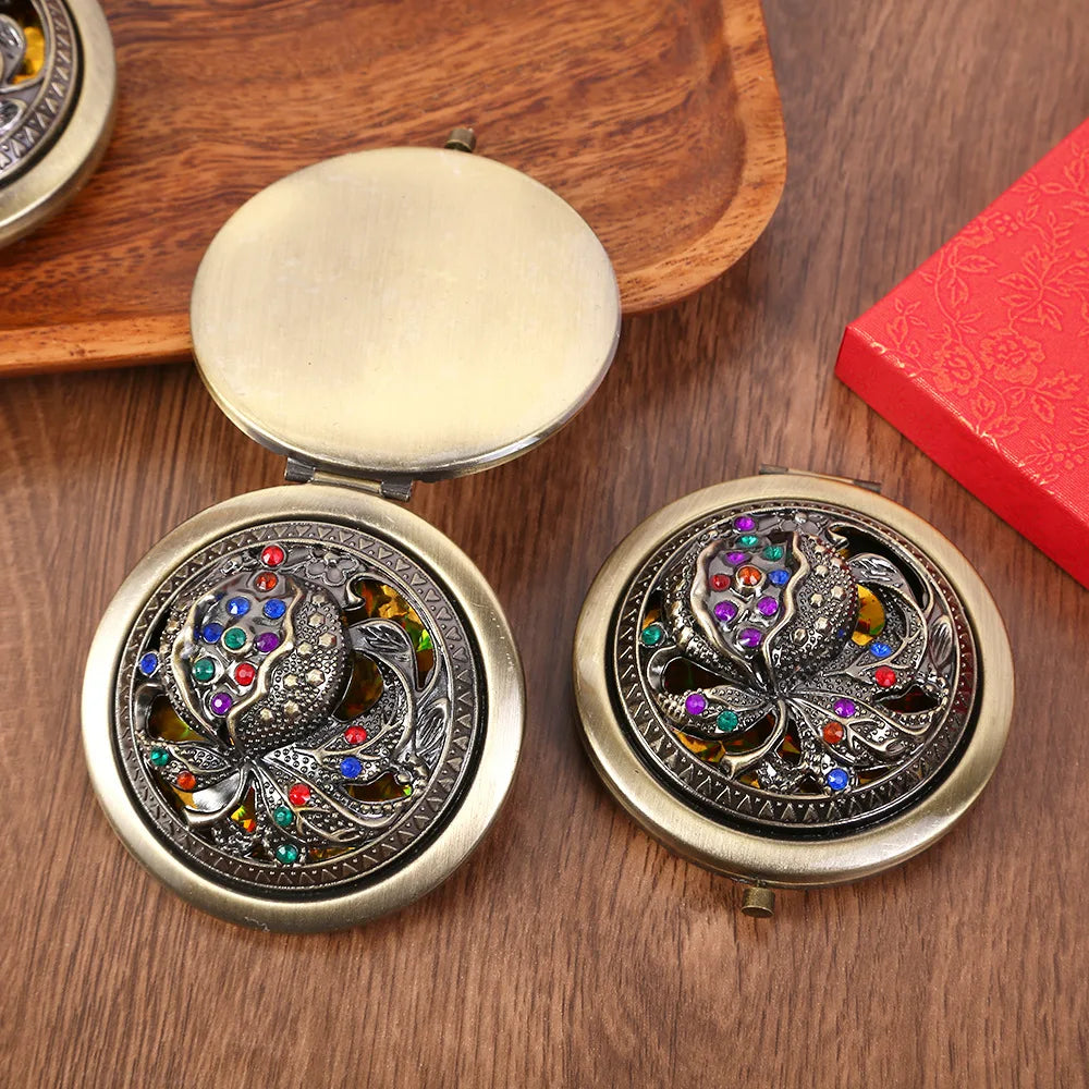 Vintage Round Compact Mirror | Double-Sided Folding Pocket Mirror Compact Pocket Mirror QXL