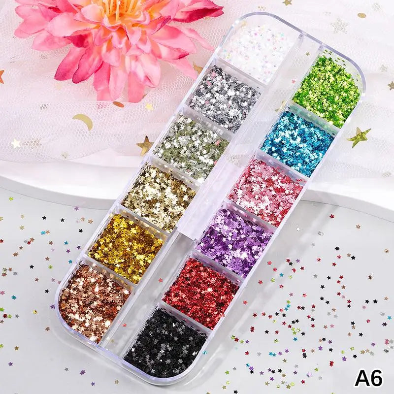 12-Grid Nail Glitter Set | Star & Heart Sequins for Nail Art Nail Art Glitter QXL A6