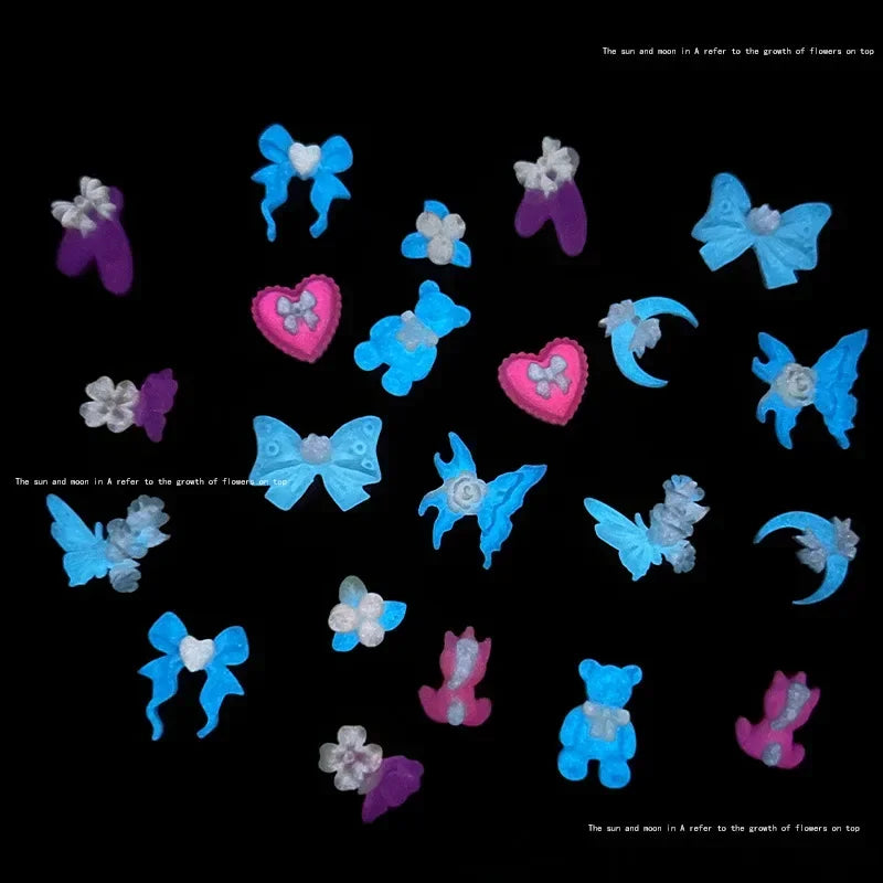 20-Pc 3D Luminous Nail Charms | Flower Butterfly Bow Resin Set Nail Art Charms QXL