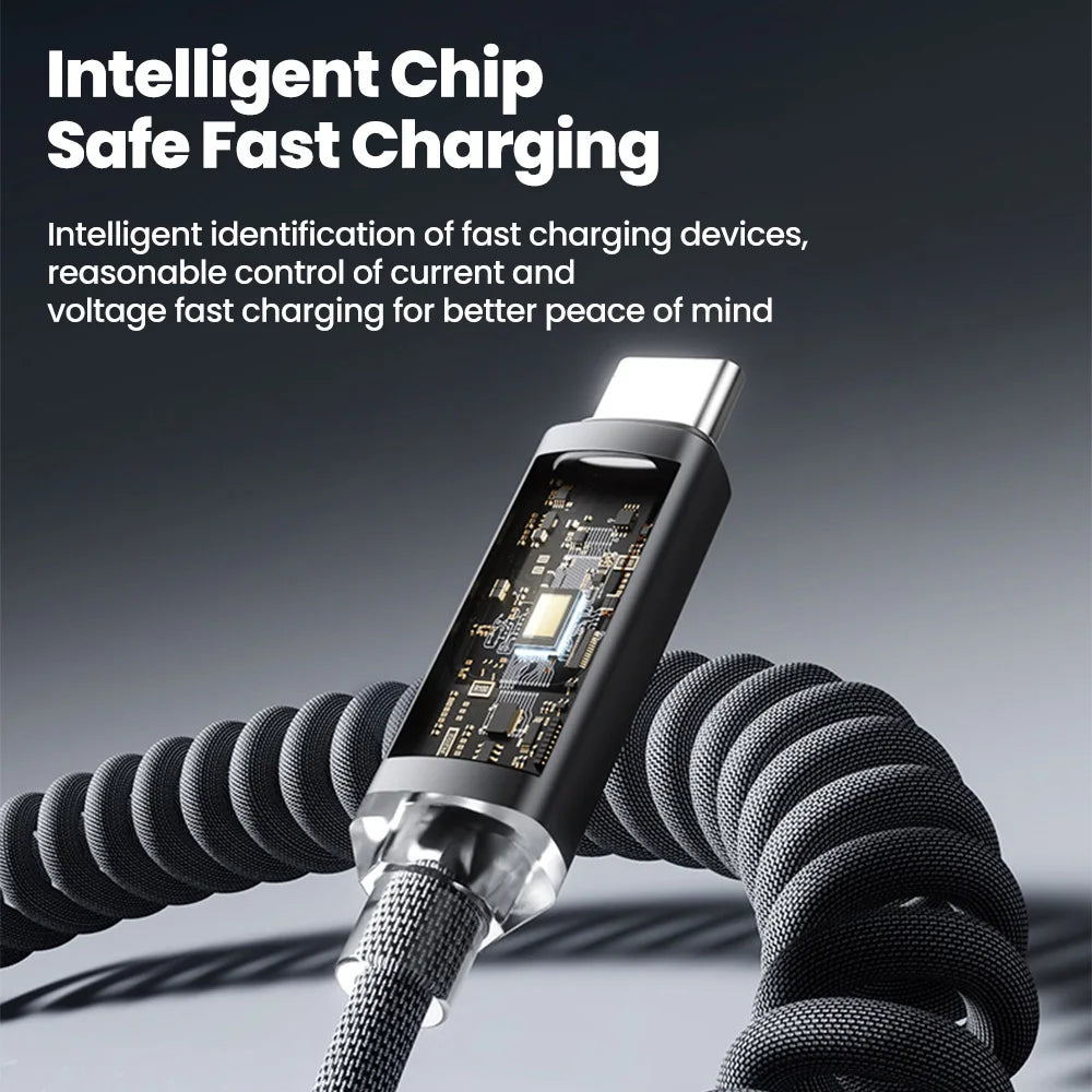 120W Retractable USB-C Fast Charging Cable – Spring Coil USB-C Charging Cable QXL