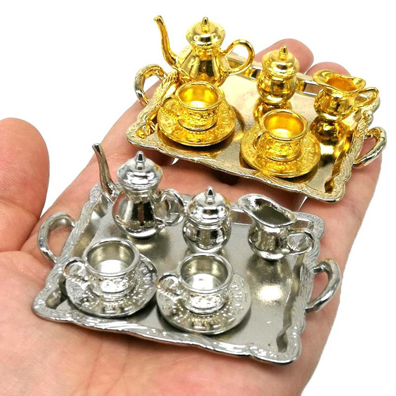 10-Pc 1:12 Dollhouse Miniature Metal Tea Cup & Plate Set Dollhouse Miniature Set QXL