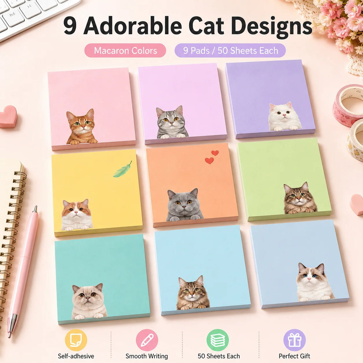 9-Pack Cute Printed Sticky Notes | 50 Sheets Per Pad Sticky Memo Pads QXL