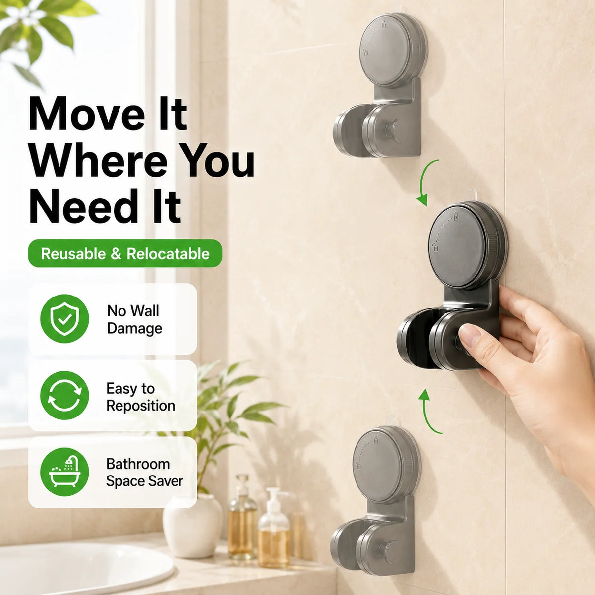 No-Drill Suction Cup Shower Head Holder | 360° Adjustable Shower Head Holder QXL