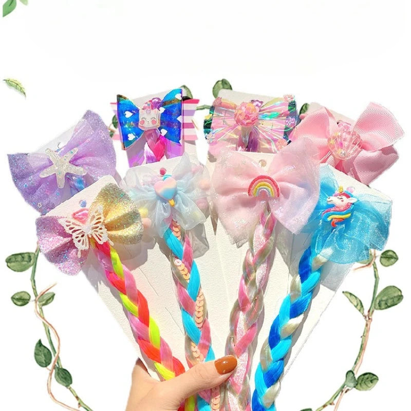 Girls Princess Braided Wig | Unicorn Butterfly Bow Hairpiece Kids Costume Wig QXL
