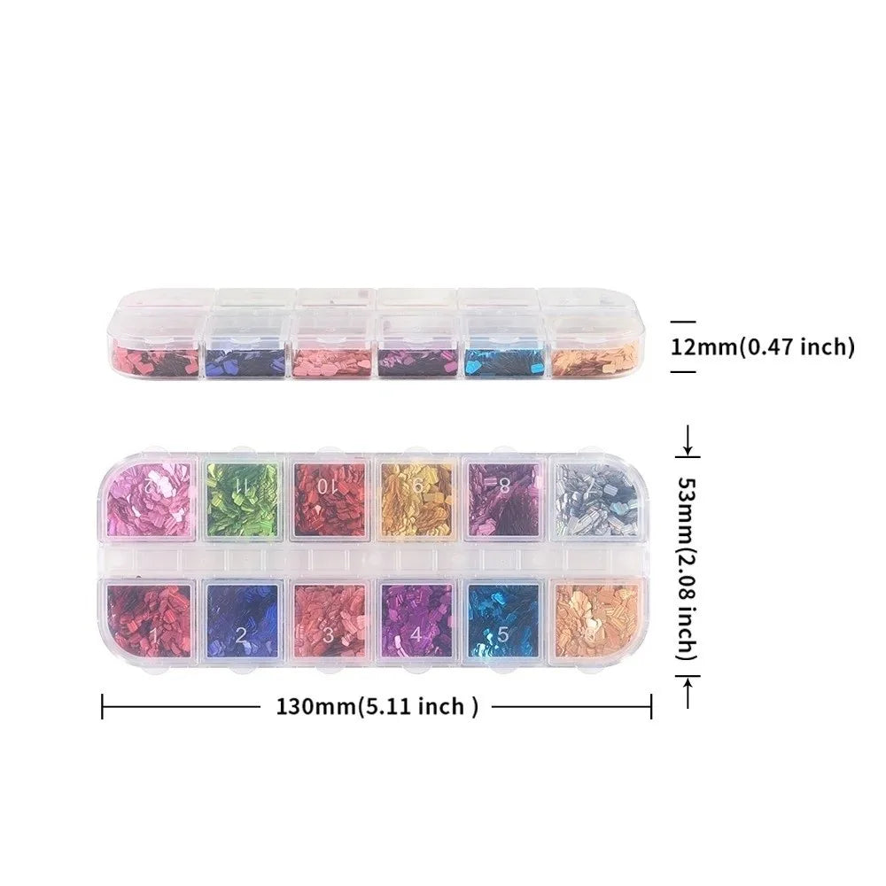 12-Grid Holographic Nail Glitter Sequins – Square Flakes Nail Art Sequins QXL
