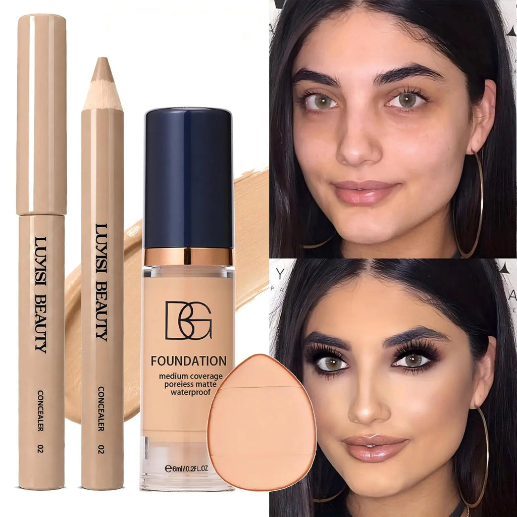 3-Piece Makeup Set: Concealer, Liquid Foundation & Puff Kit Foundation Makeup Set QXL