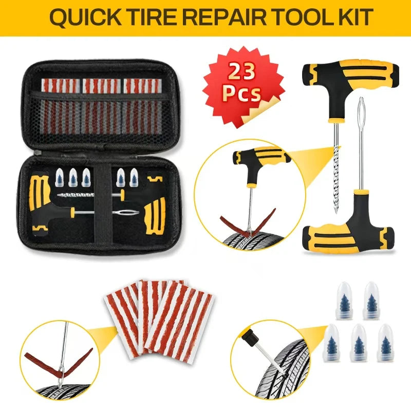 All-in-One Tire Repair Kit: Car Motorcycle Bike Truck Emergency Puncture Plug Tool with Rubber Strips - Roadside & Garage Use QXL 23PCS