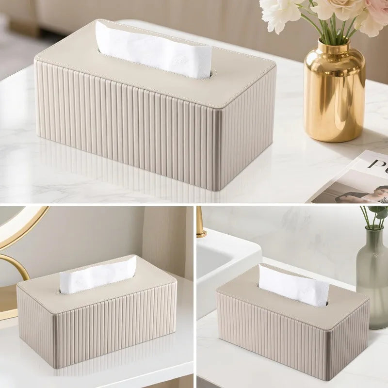 Luxury PU Leather Tissue Box Cover | Striped, 3 Colors Tissue Box Cover QXL