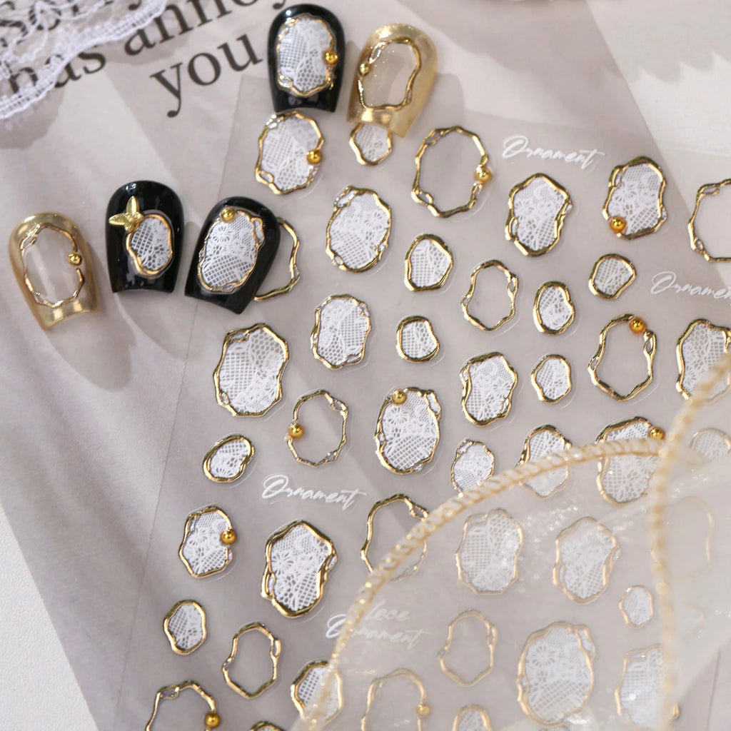 5D Luxury Nail Stickers – Gold Silver Hollow Lace Foil Decals Nail Art Stickers QXL