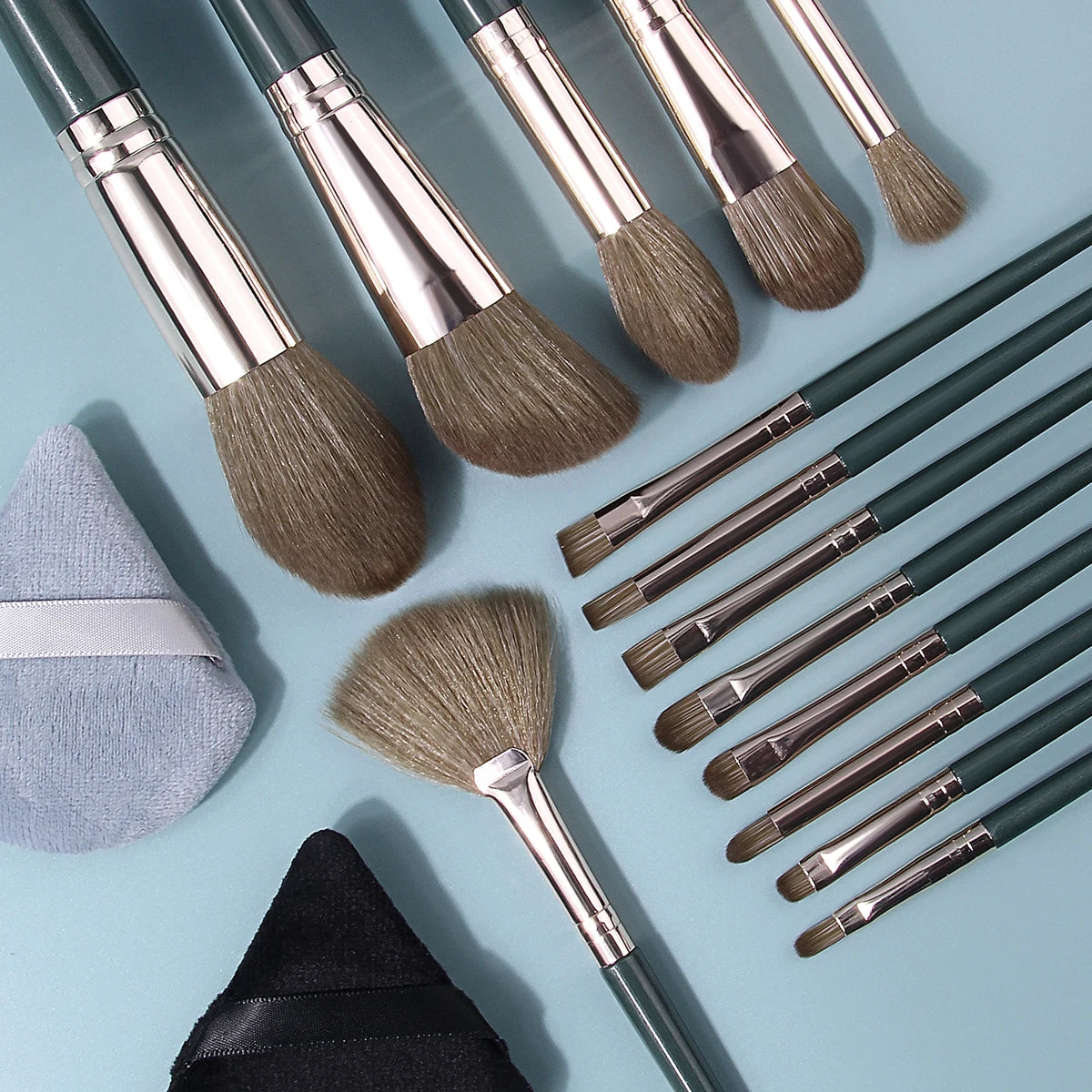 17-Pc Dark Green Makeup Brush Set | Glitter Case & Puffs Makeup Brush Set QXL