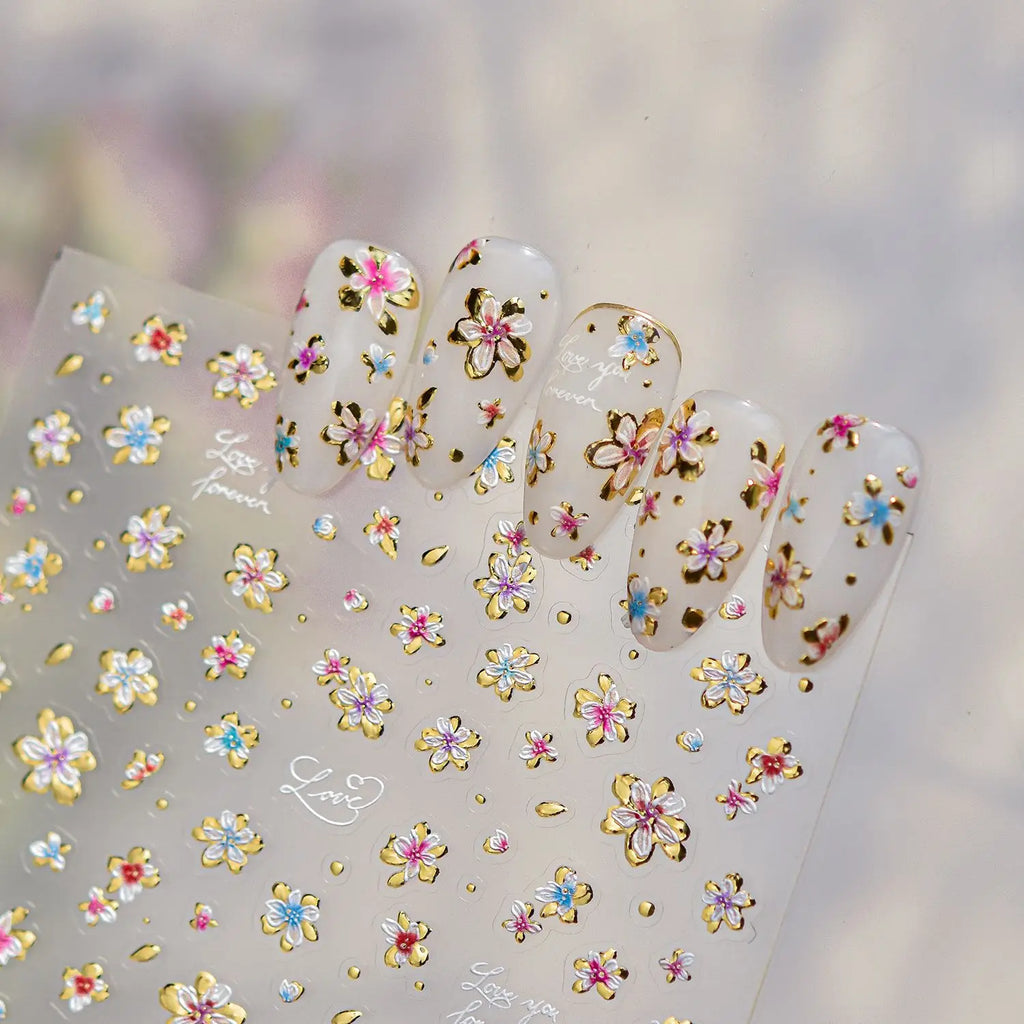 5D Floral Nail Stickers – Pink Blue Gradient & Gold Decals Nail Art Stickers QXL