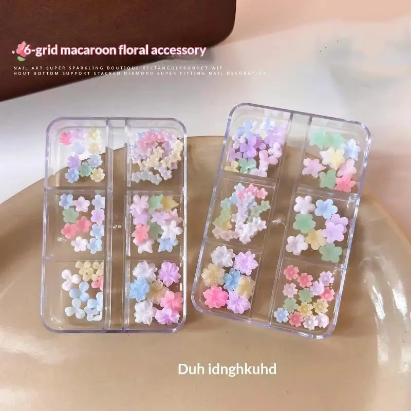 3D Pastel Macaron Flower Nail Charms | 6-Grid Box, 100 Pcs Nail Art Charms QXL