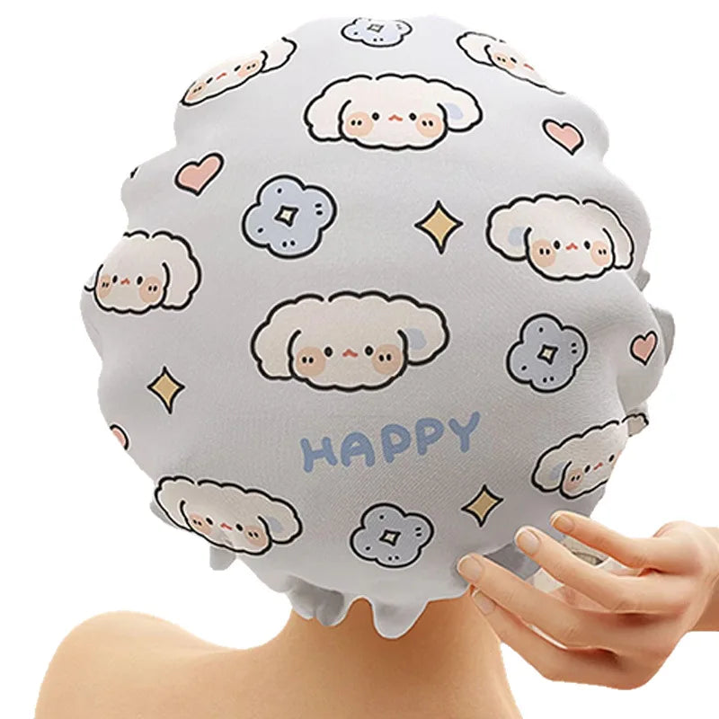 Cute Cartoon Double Layer Waterproof Shower Cap – Reusable Shower Cap QXL