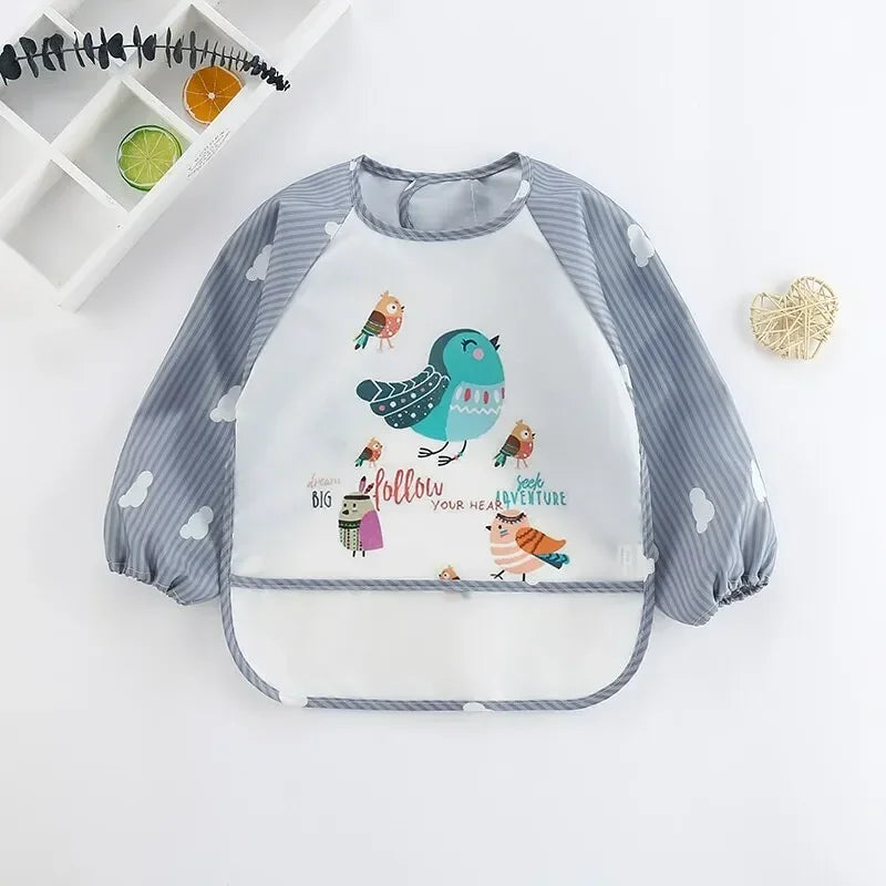 Baby Waterproof Long Sleeve Smock Bib | Cartoon Art Apron Baby Smock Bib QXL B31 Colorful Birds 0-3Years old