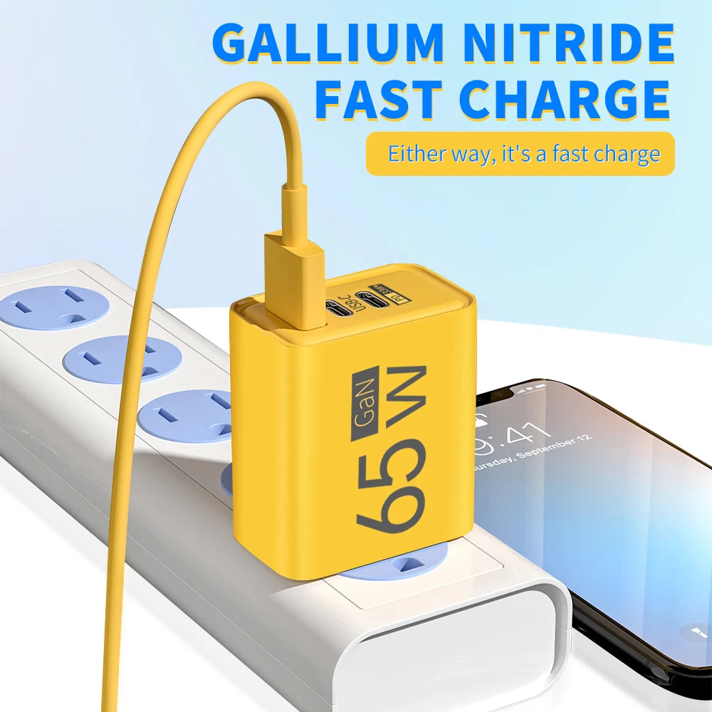 65W GaN USB-C Fast Charger | 3-Port PD Power Adapter USB-C GaN Charger QXL