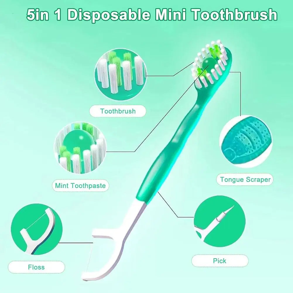 5-in-1 Disposable Travel Toothbrush | Mint Bead, Floss & Pick Disposable Travel Toothbrush QXL