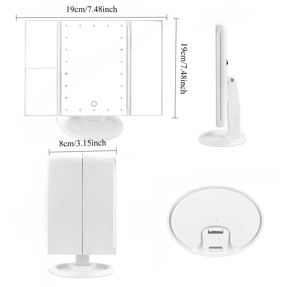 Lighted Trifold Makeup Mirror 1X 2X 3X Magnification Touch Lighted Vanity Mirror QXL