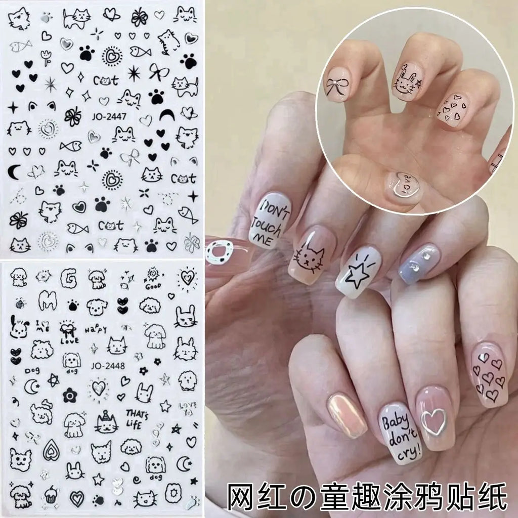 Kawaii 3D Cat & Dog Nail Art Stickers | Gold Silver AB Decals Nail Art Stickers QXL