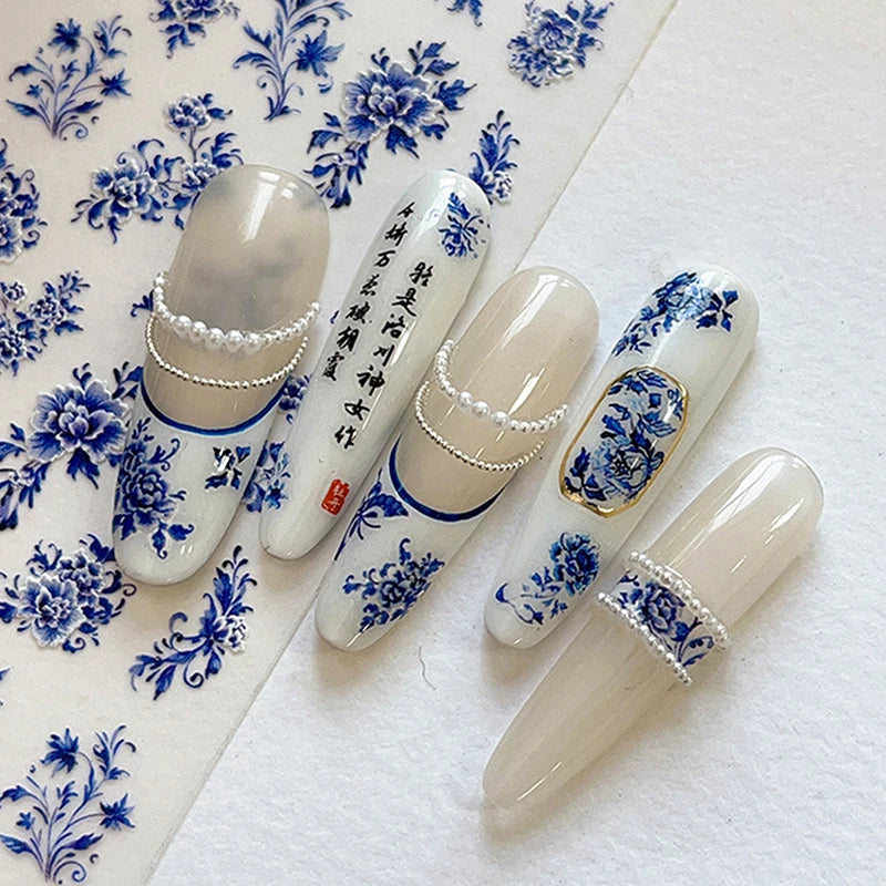 3D Blue White Porcelain Nail Art Stickers | DIY Decals Nail Art Stickers QXL