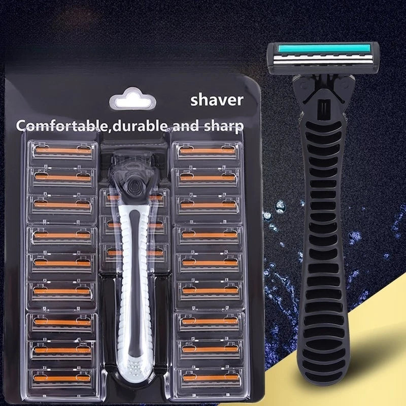 Men's Reusable 3-Blade Razor | 21 Replacement Heads Manual Shaving Razor QXL