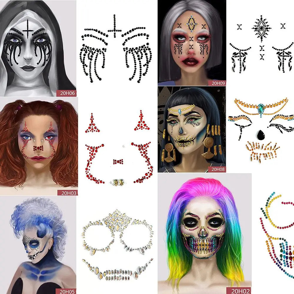 Halloween Skull Temporary Face Tattoo & Crystal Stickers Temporary Face Sticker QXL