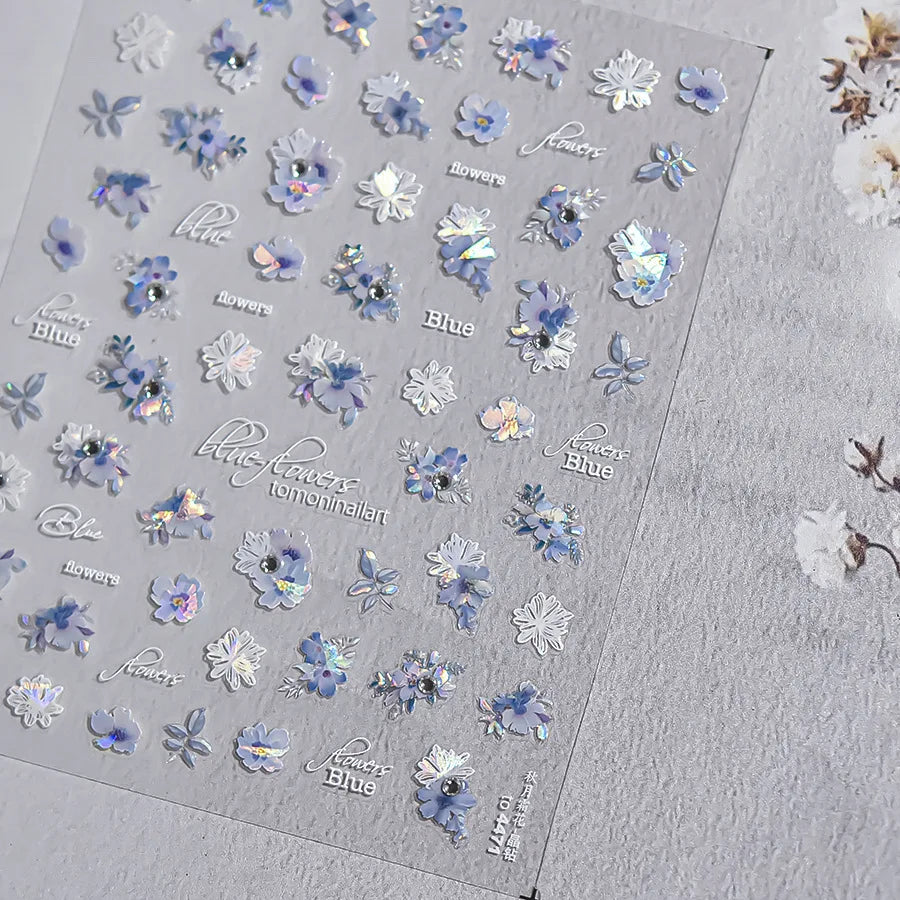 5D Blue & White Porcelain Nail Art Stickers | Gold Floral Decals Nail Art Stickers QXL