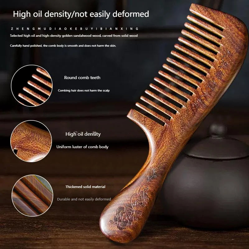 Golden Sandalwood Wide Tooth Comb | Scalp Massage & Detangle Wood Hair Comb QXL