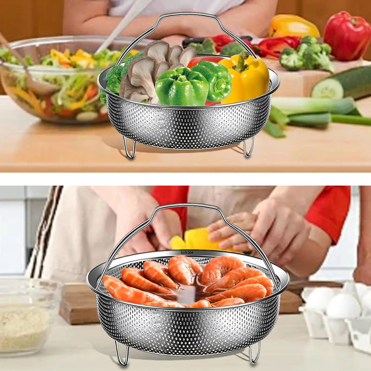 304 Stainless Steel Steamer Basket with Handle | 3 Sizes Steamer Basket QXL