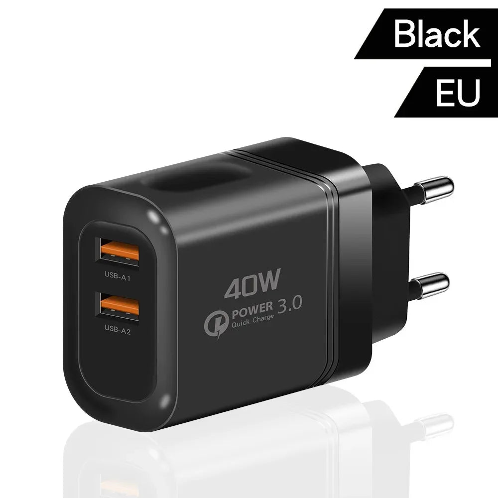 40W Dual USB Fast Charger Wall Adapter | EU & US Plug USB Wall Charger QXL Black EU Plug