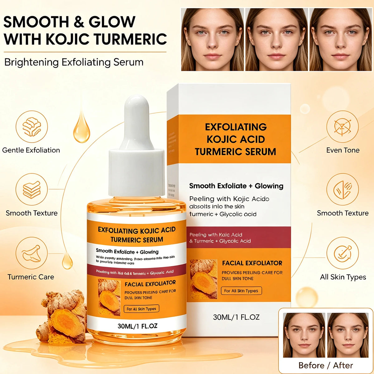 Kojic Acid & Turmeric Exfoliating Brightening Serum 30ml Brightening Face Serum QXL