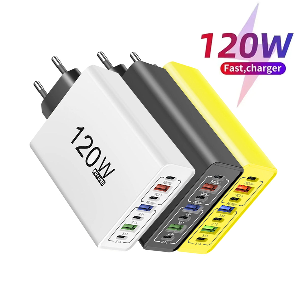 7-Port 120W USB-C PD Fast Wall Charger | EU & US Plug USB-C Wall Charger QXL