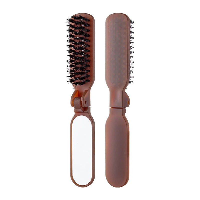 Foldable Boar Bristle Travel Hair Brush with Mirror | Pocket Travel Hair Brush QXL Coffee