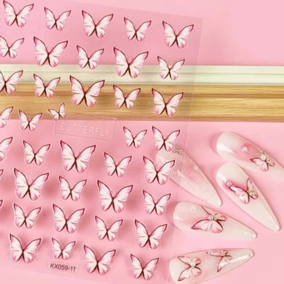 5D Butterfly Nail Art Stickers | Pink Gradient Kawaii Decals Nail Art Stickers QXL