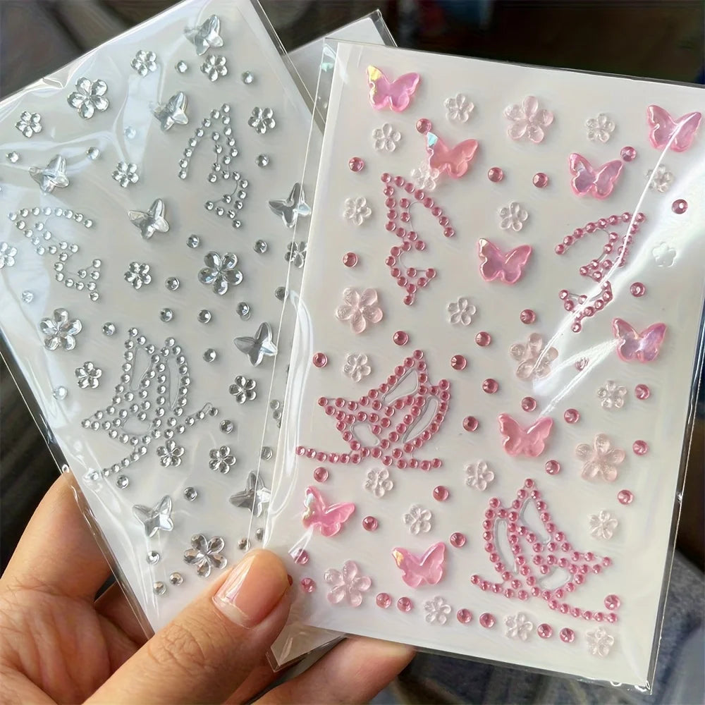 3-Pack Rhinestone Butterfly & Flower Face Gem Stickers Face Gem Stickers QXL