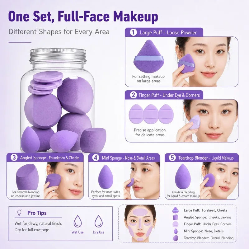 14-Pc Makeup Sponge & Puff Set with Storage Jar | Wet & Dry Makeup Sponge Set QXL