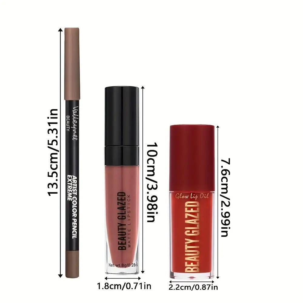Beauty Glazed 3-Pc Lip Set: Matte Liner, Lip Glaze & Lip Oil Lip Makeup Set QXL