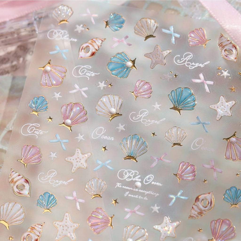 5D Beach Nail Stickers – Shell Starfish Gold Foil Decals Nail Art Stickers QXL