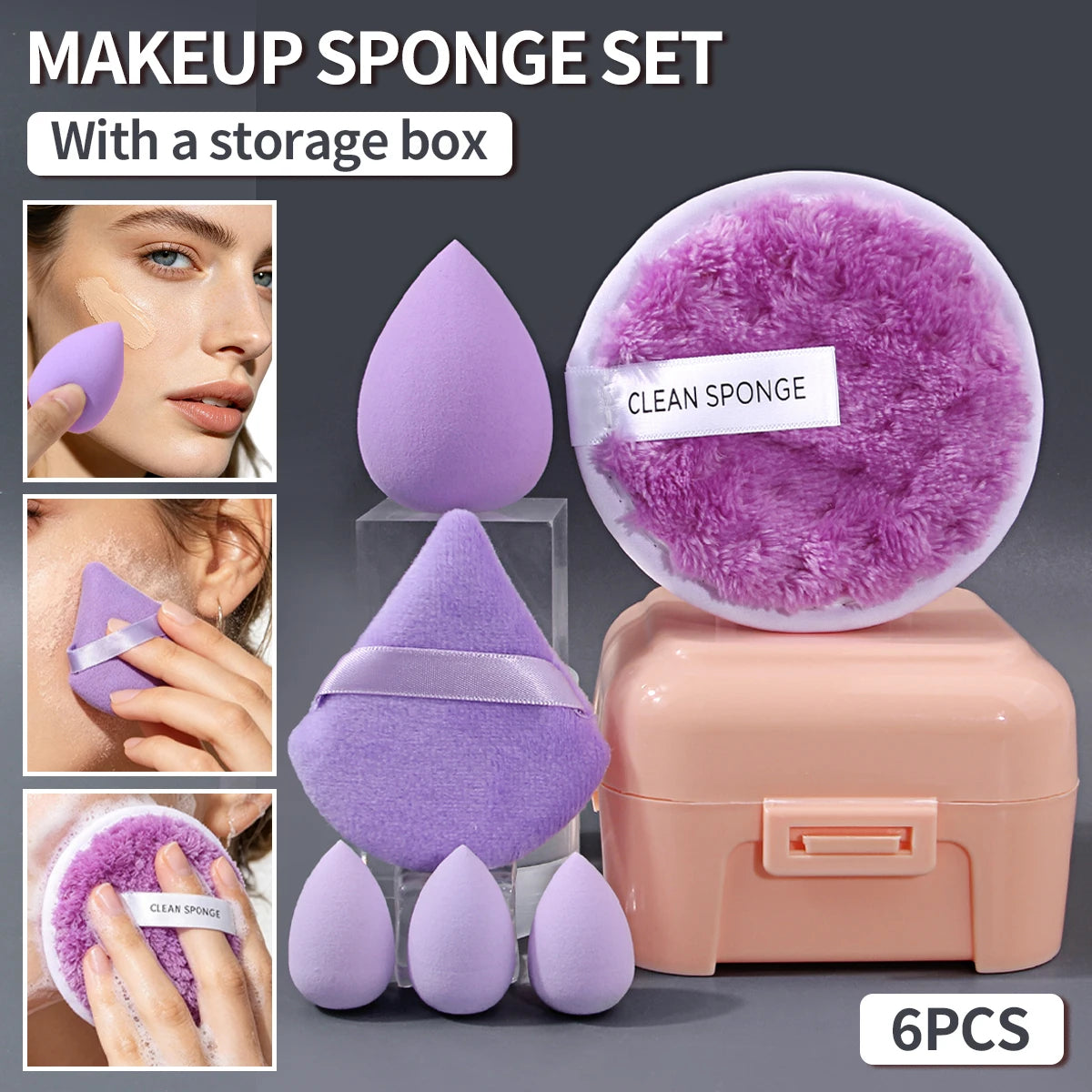 KOSSHOW 6-Pc Purple Makeup Sponge Set | Triangle Puff & Box Makeup Sponge Set QXL PURPLE
