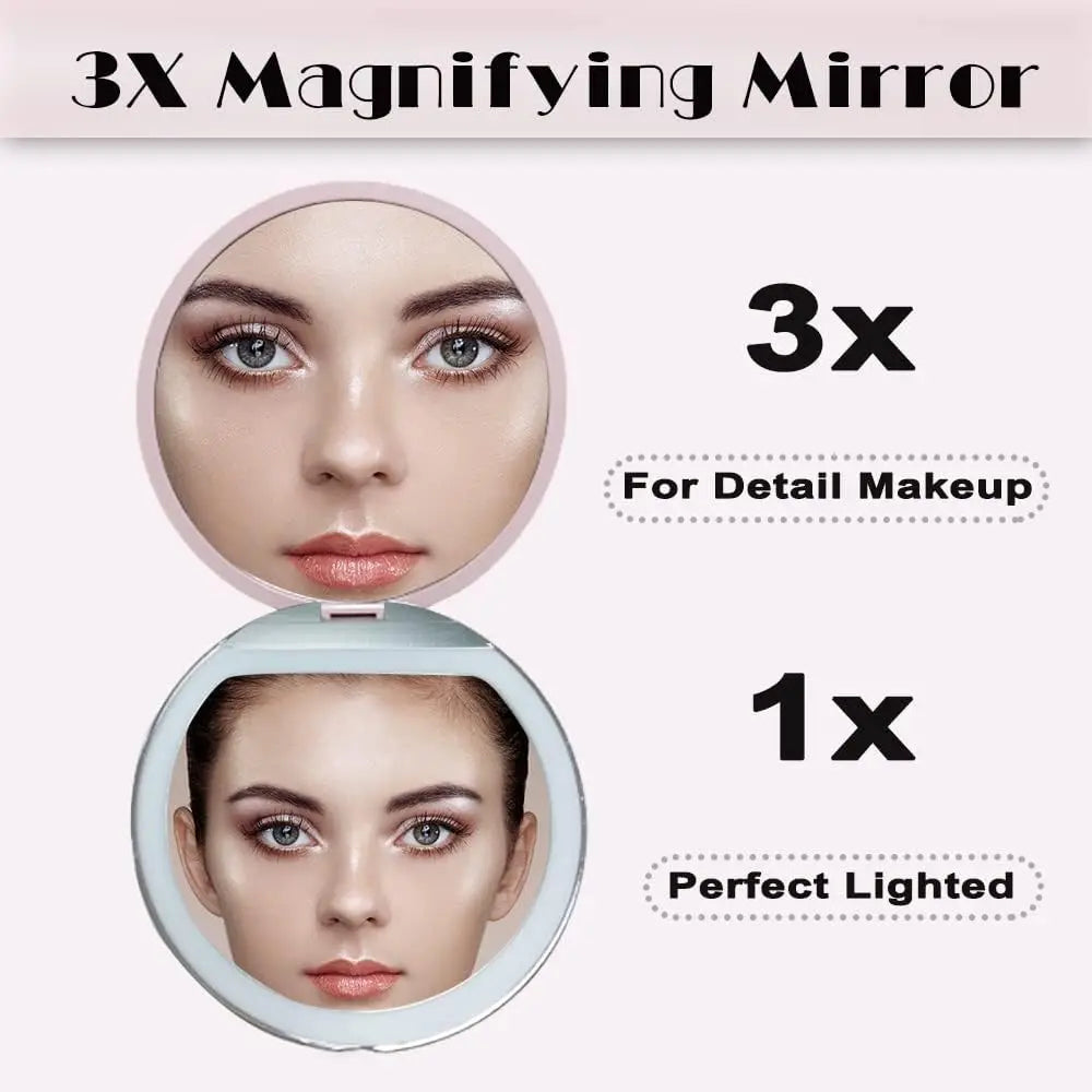 LED Compact Makeup Mirror 1X/3X Magnification | Rechargeable Lighted Makeup Mirror QXL