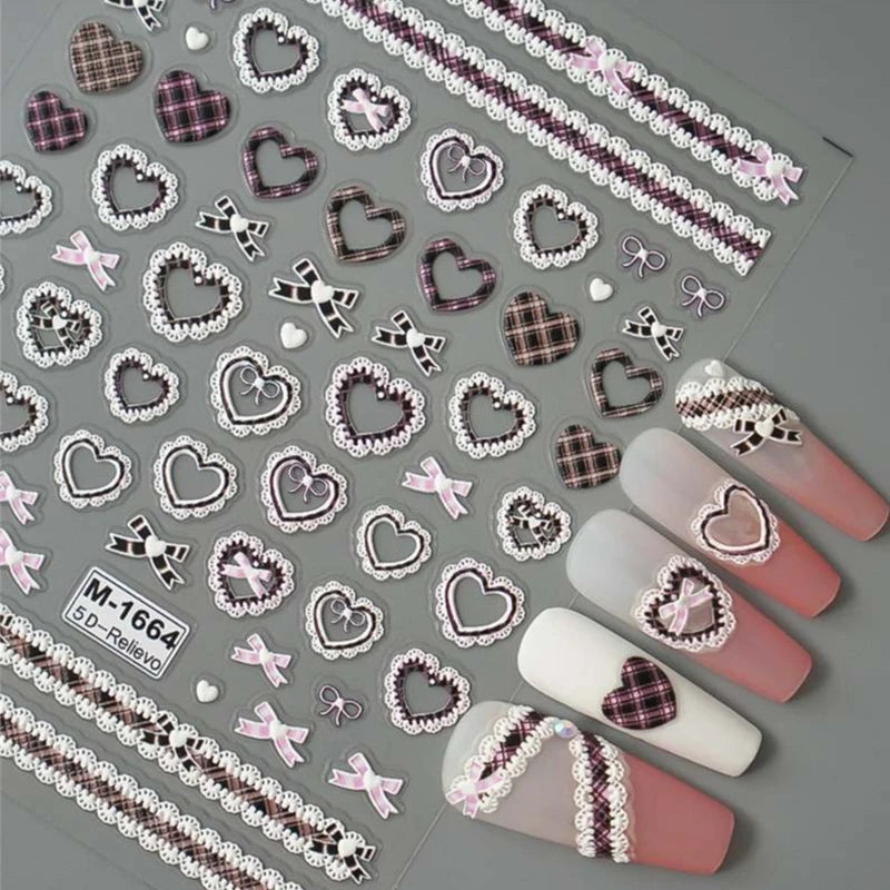 Japanese Lace Bow Nail Stickers | Pink Black White Nail Decals Nail Art Stickers QXL A