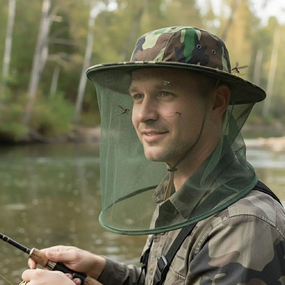 Mosquito Head Net Hat | Camouflage Bee Veil Outdoor Cap Insect Net Hat QXL