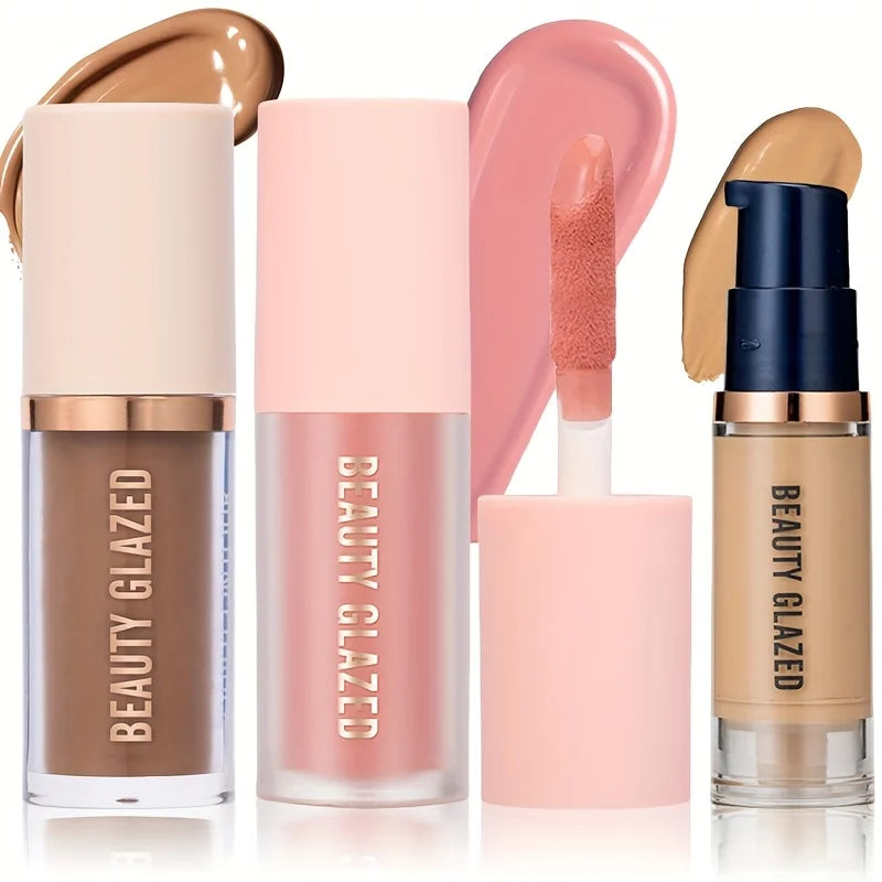 Beauty Glazed 3-Pc Waterproof Makeup Set – Blush, Contour & Foundation Liquid Makeup Set QXL