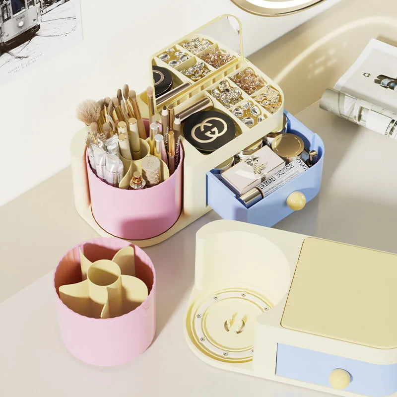 360° Rotating Makeup Brush Holder with Mirror & Jewelry Box Makeup Brush Organizer QXL