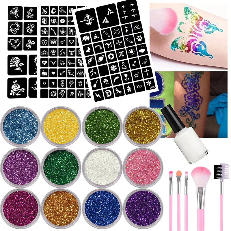 12-Color DIY Glitter Tattoo Kit | Stencils, Glue & Brushes Glitter Tattoo Kit QXL