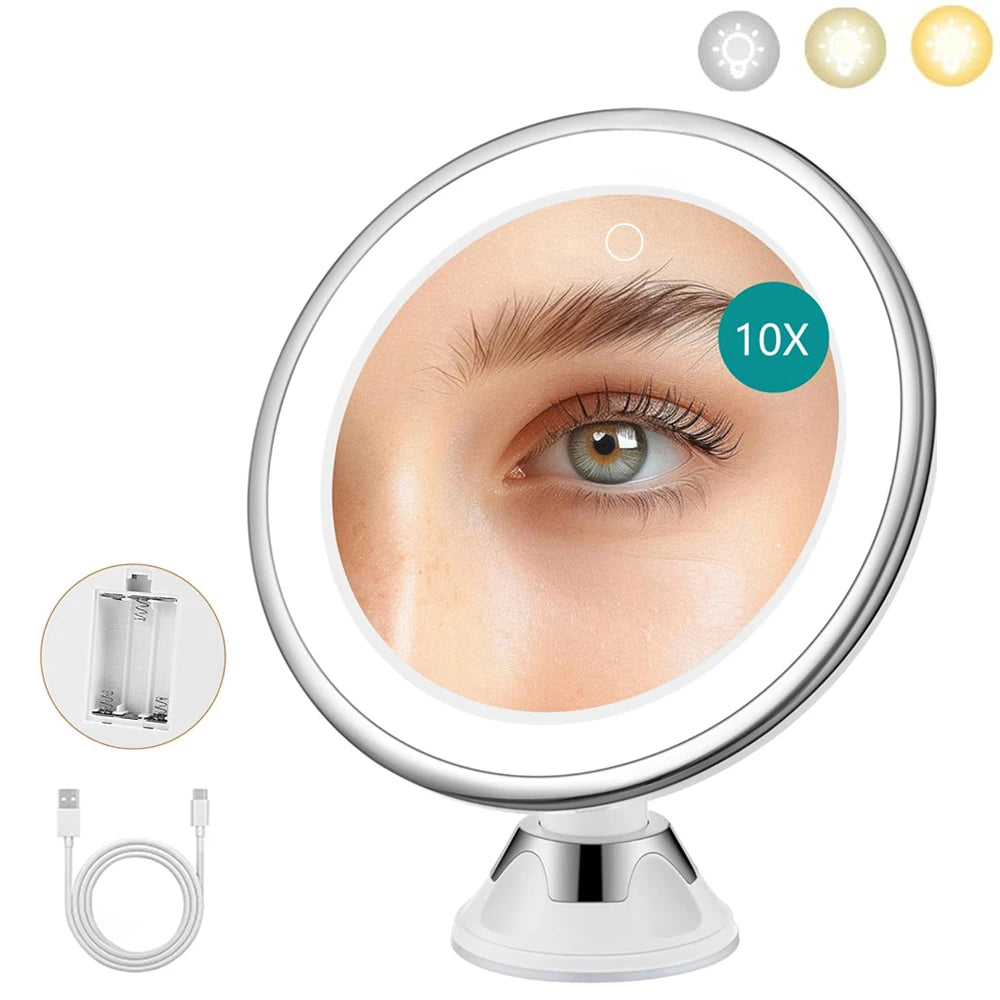 10X Magnifying Makeup Mirror | 3-Color LED Lights & Suction Cup Magnifying Makeup Mirror QXL