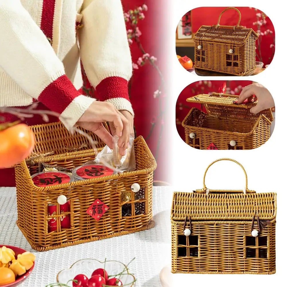 House-Shape Rattan Storage Basket with Lid | Home Organizer Storage Basket QXL