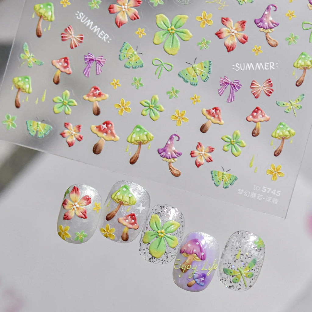 5D Embossed Nail Stickers – Mushroom Butterfly Floral Decals Nail Art Stickers QXL