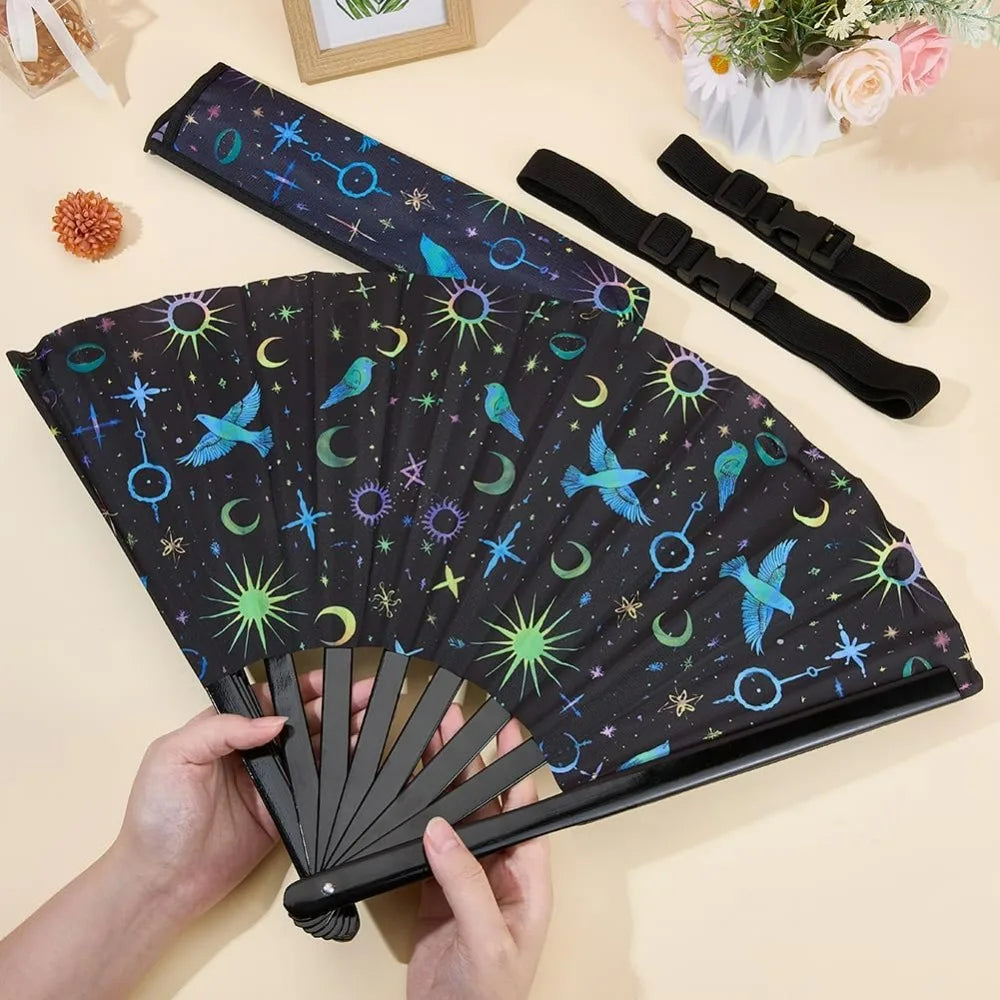 12.99" UV Glow Bamboo Folding Fan with Bag & Belt | Rave Dance Decorative Folding Fan QXL